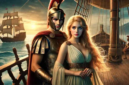 Paris, Prince of Troy, and Helen of Sparta on a ship en route to Troy. Paris is depicted as a handsome prince in Trojan armor. Helen is portrayed as exceptionally beautiful with long blond hair and striking blue eyes, wearing a flowing Grecian gown. They stand together on the deck of an ancient wooden ship, with the sea around them. The background features a breathtaking sunset that bathes the scene in a golden light