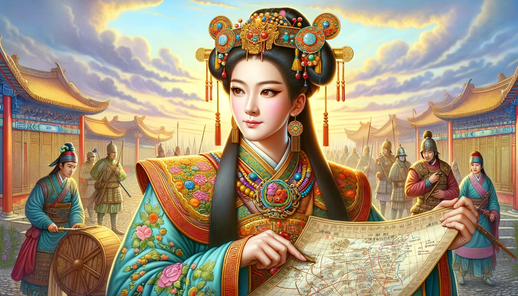 Princess Zhao of Pingyang, who played a crucial role in establishing the Tang Dynasty. She is depicted in traditional Tang Dynasty attire, which is both elegant and suited for a leader. Her attire includes detailed embroidery symbolizing her royal status. In her hands, she confidently holds a strategic map, highlighting her role as a tactical leader. Her expression is wise and determined, reflecting her intelligence and courage.