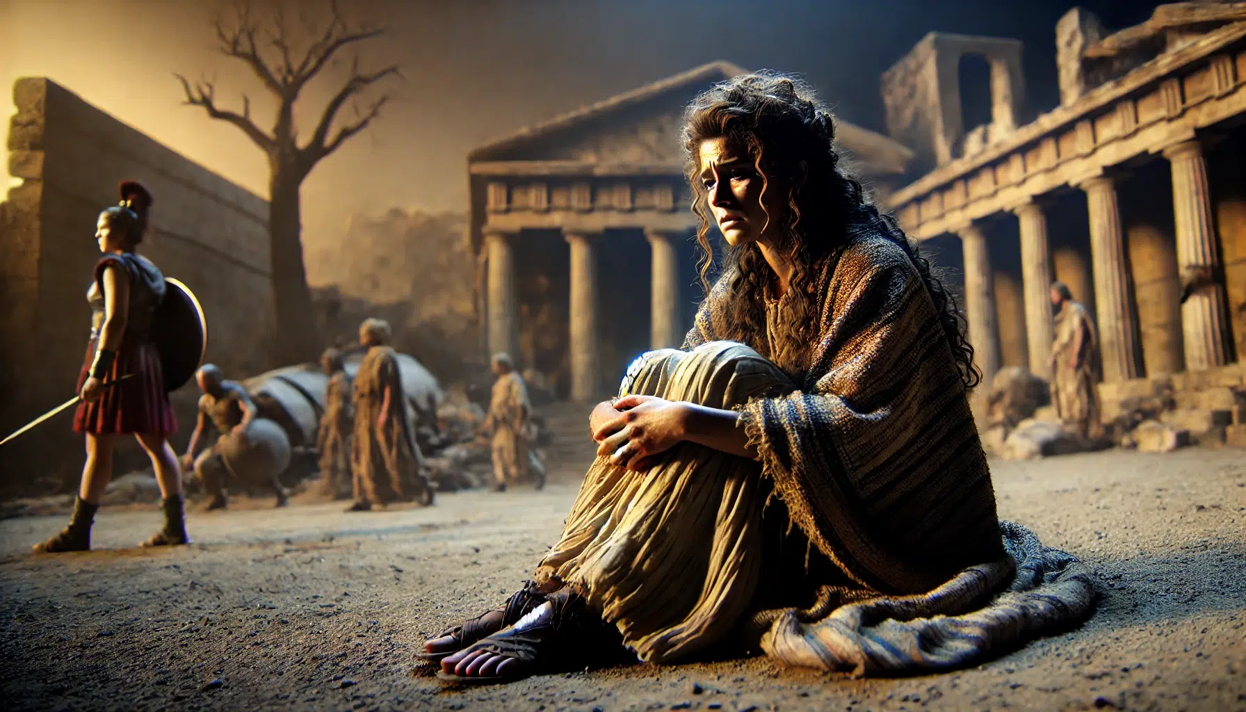 Queen Hecuba mourning the loss of her city and family after the fall of Troy. Hecuba is shown sitting on the ground in despair, wearing traditional ancient Greek clothing with a torn and disheveled appearance. Her expression is one of deep sorrow and anguish, with tears streaming down her face. The background features the ruins of Troy, with smoldering buildings and scattered debris, highlighting the devastation. The atmosphere is somber and tragic, capturing the intense emotions of loss and grief.