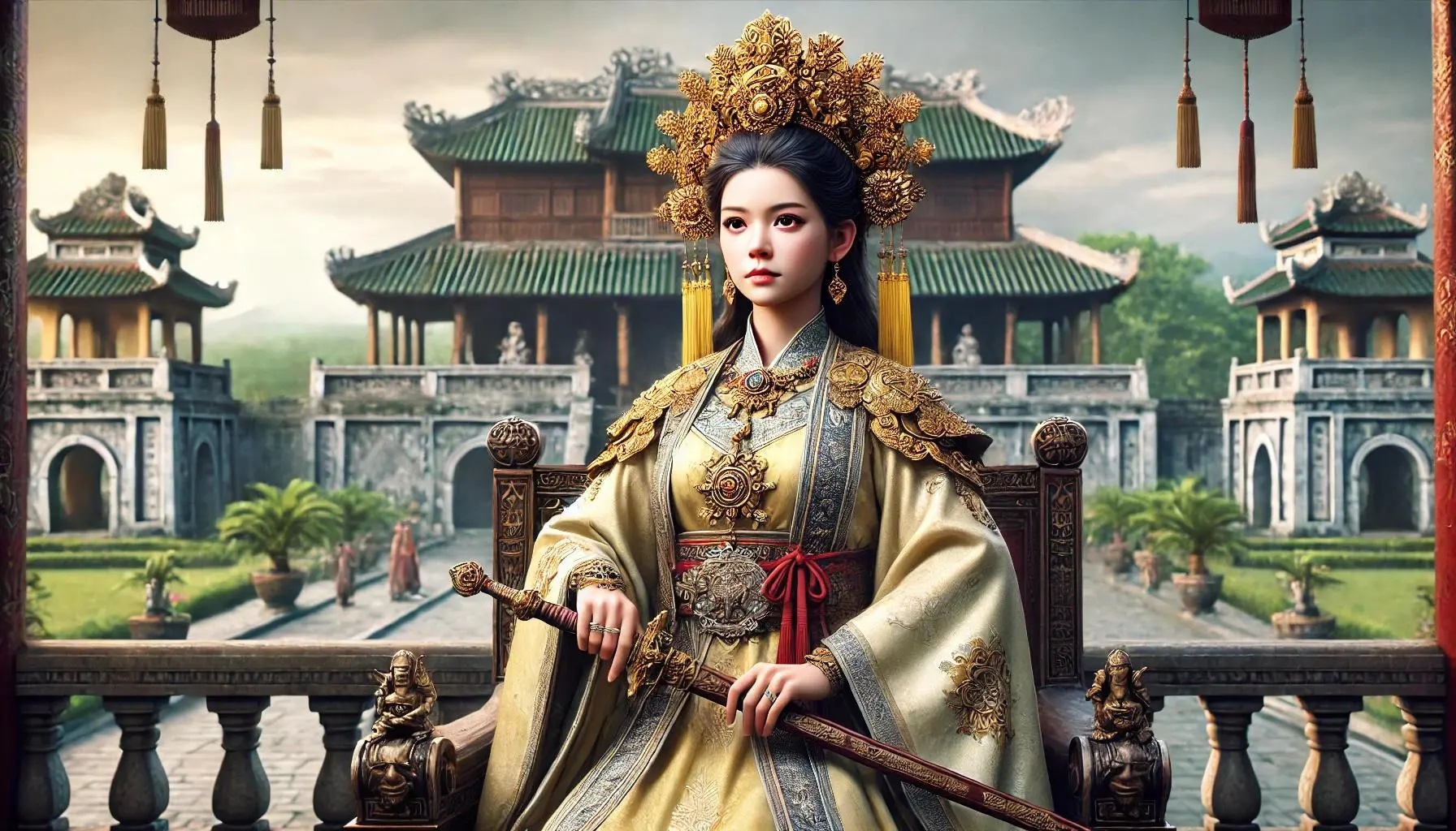 Queen Trưng Trac of northern Vietnam in 40 A.D. stands proudly on a throne, adorned in traditional royal Vietnamese attire. She wears an ornate headdress and holds a ceremonial sword, symbolizing her leadership and bravery. The background shows a grand, ancient palace with intricate carvings and lush greenery. Her expression is determined and regal, with a sense of strength and authority.