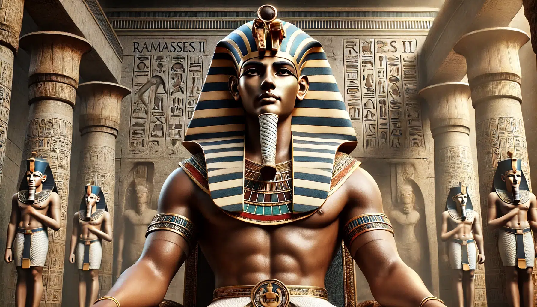 Ramesses II, one of Egypt's most powerful pharaohs, in a regal pose. He is depicted with a commanding presence, wearing traditional pharaonic attire including a headdress with a cobra symbol, a broad collar, and a finely detailed shendyt (kilt). His expression is stern and kingly, symbolizing his authority and greatness. The background features an ancient Egyptian temple with hieroglyphic inscriptions and colossal statues
