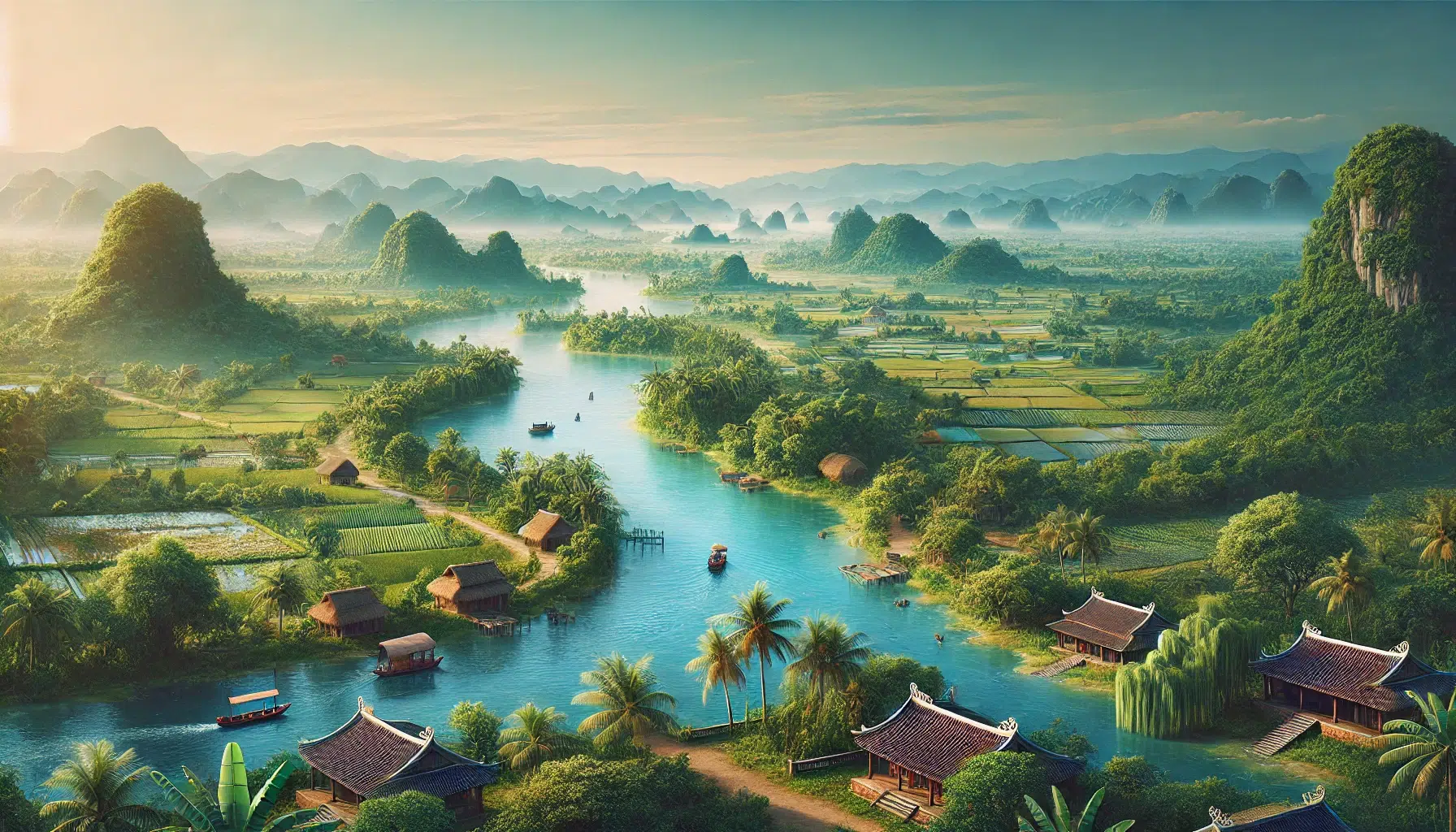 A scenic view of the Red River Delta in Vietnam around 40 A.D. The landscape features lush greenery, winding rivers, and traditional ancient Vietnamese structures. The area is vibrant with natural beauty, showcasing rice paddies, dense forests, and distant mountains under a clear sky. The image captures the essence of the delta's fertile lands and serene environment.