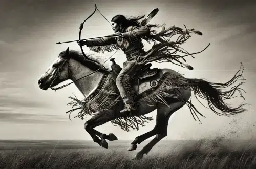 A dynamic and historical depiction of a young Indigenous woman, dressed in traditional Blackfoot men's warrior attire from the late 1800s. She is riding her horse at full speed across the plains. Her attire includes a fringed leather tunic, leggings, and a feathered headdress, all typical of a Blackfoot warrior's outfit. In her hands, she holds a bow and arrow, ready to shoot. The background shows the vast, open plains of southern Alberta, conveying a sense of freedom and the ruggedness of the terrain