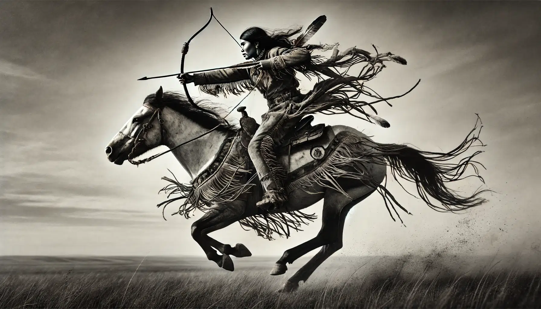 A dynamic and historical depiction of a young Indigenous woman, dressed in traditional Blackfoot men's warrior attire from the late 1800s. She is riding her horse at full speed across the plains. Her attire includes a fringed leather tunic, leggings, and a feathered headdress, all typical of a Blackfoot warrior's outfit. In her hands, she holds a bow and arrow, ready to shoot. The background shows the vast, open plains of southern Alberta, conveying a sense of freedom and the ruggedness of the terrain