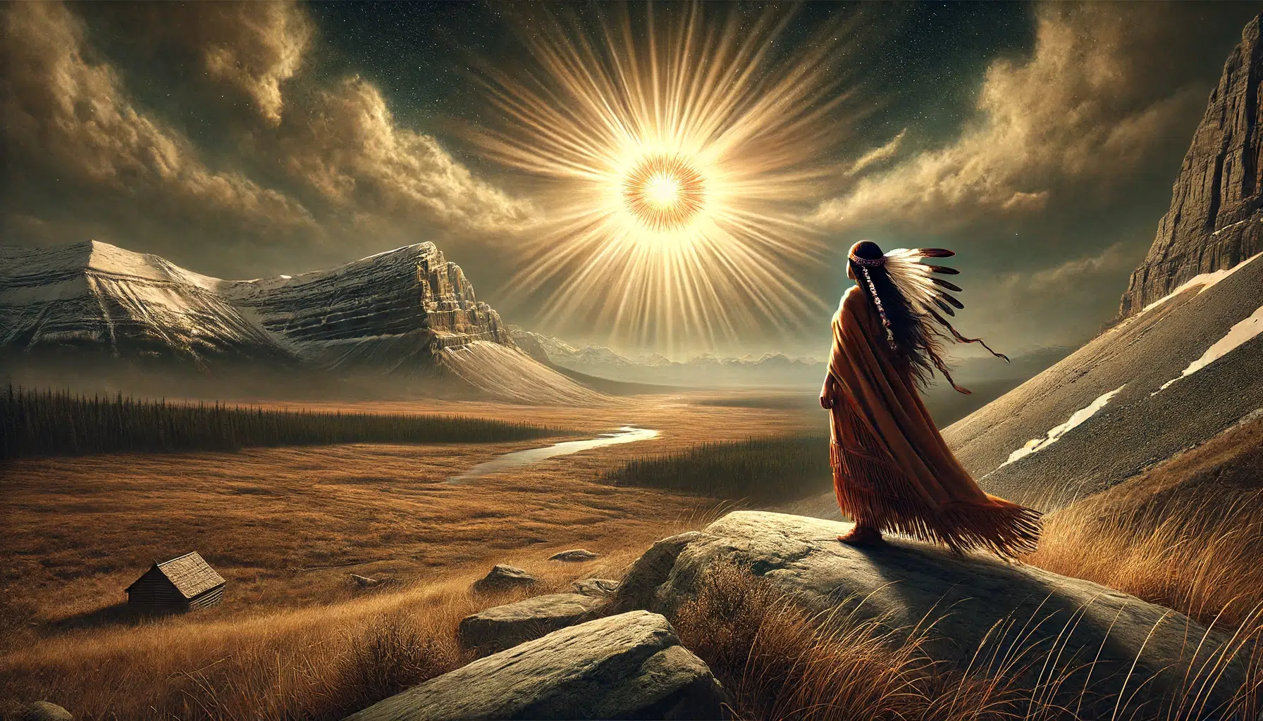 set in the 1800s in southern Alberta, depicting Running Eagle on a quest in a remote wilderness area. The image shows her alone on a high mountain overlooking the vast plains. As she gazes into the sky, a brilliant vision of the sun appears, radiating intense light and energy, symbolizing a promise of great power in battle. Running Eagle is portrayed in traditional Blackfoot attire, reflective of her warrior status. The landscape is rugged and sparse, capturing the isolation and spiritual significance of her vision quest.