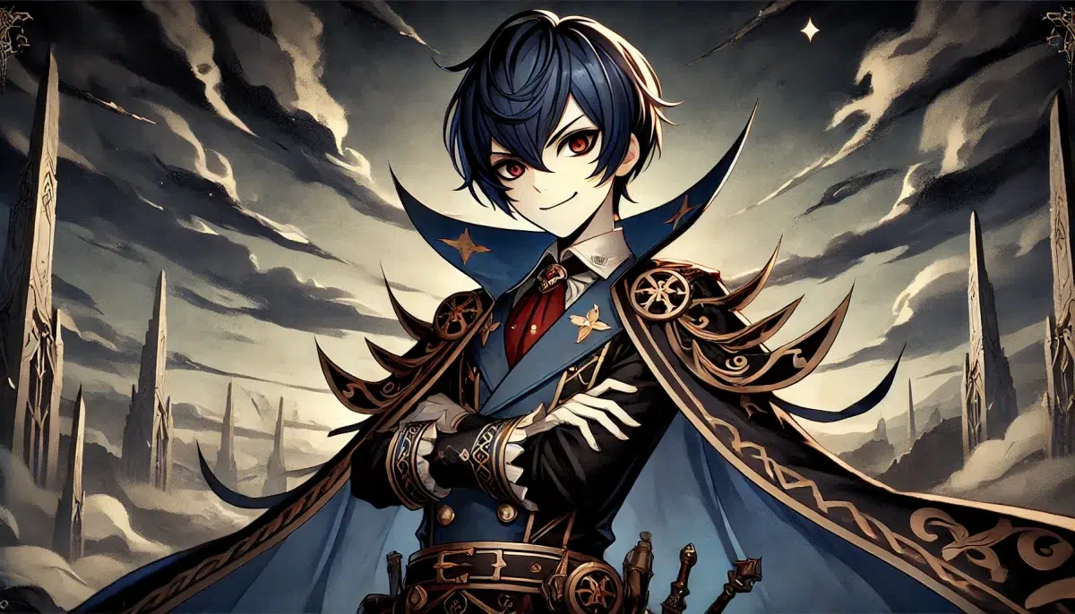 Scaramouche, a character from Genshin Impact, depicted as one of the powerful Eleven Fatui Harbingers. He stands confidently with a mischievous and commanding expression. Scaramouche has short dark blue hair, fair skin, and wears an elaborate Fatui uniform with intricate designs and dark colors. The background is a dramatic and foreboding landscape, with stormy skies and an air of menace. Scaramouche's presence exudes power and authority, highlighting his role as a formidable Harbinger.