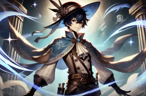 Scaramouche, a character from Genshin Impact, standing confidently with a mischievous expression. He has short dark blue hair, fair skin, and wears a large hat with a veil. His clothing is a mix of traditional and modern designs, elaborate and intricate. The background is a dynamic, mystical landscape with swirling wind effects, emphasizing his Anemo abilities. Scaramouche's presence is commanding and enigmatic, with an aura of power and cunning.