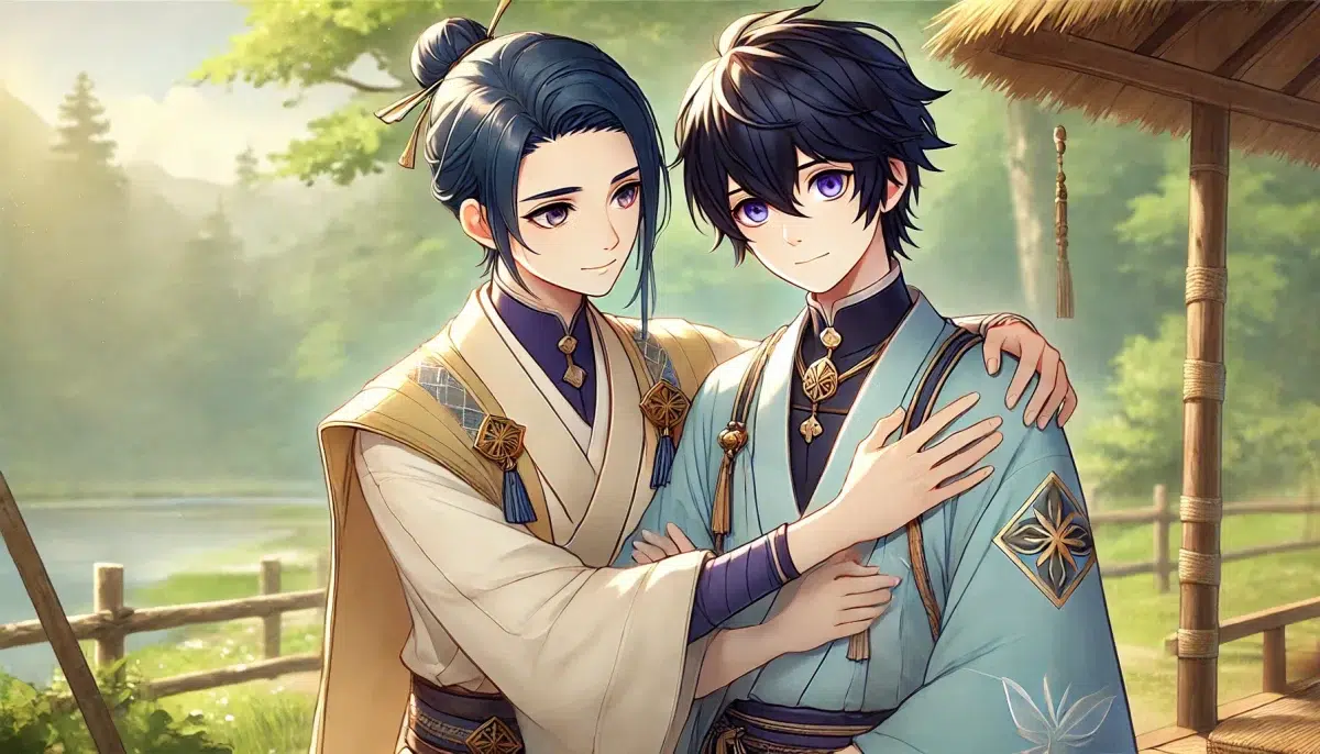 Scaramouche, a character from Genshin Impact, forming a close bond with Katsuragi, a kind deputy. Scaramouche has short dark blue hair, fair skin, and wears traditional yet elaborate clothing. Katsuragi, with a warm and gentle expression, stands beside him, dressed in traditional deputy attire. They are in a serene, natural setting, possibly near a village or forest, with a gentle breeze blowing. Scaramouche looks grateful and slightly emotional, while Katsuragi appears supportive and kind, highlighting their developing bond.