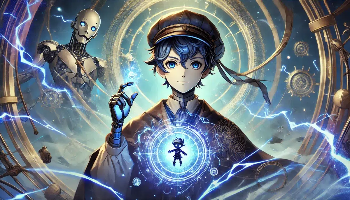 n the vast world of Genshin Impact, Scaramouche, known as The Wanderer, is shown at his birth in Inazuma. Created by Ei, the Electro Archon, Scaramouche is depicted as a puppet infused with emotional AI. He has short dark blue hair, fair skin, and wears a large hat with a veil. Ei, the Electro Archon, stands nearby, surrounded by Electro energy, signifying her power. The background features the mystical and electric atmosphere of Inazuma, with lightning and energy flowing around. Scaramouche's expression is one of curiosity and awakening, highlighting his emotional AI and the significance of his creation.