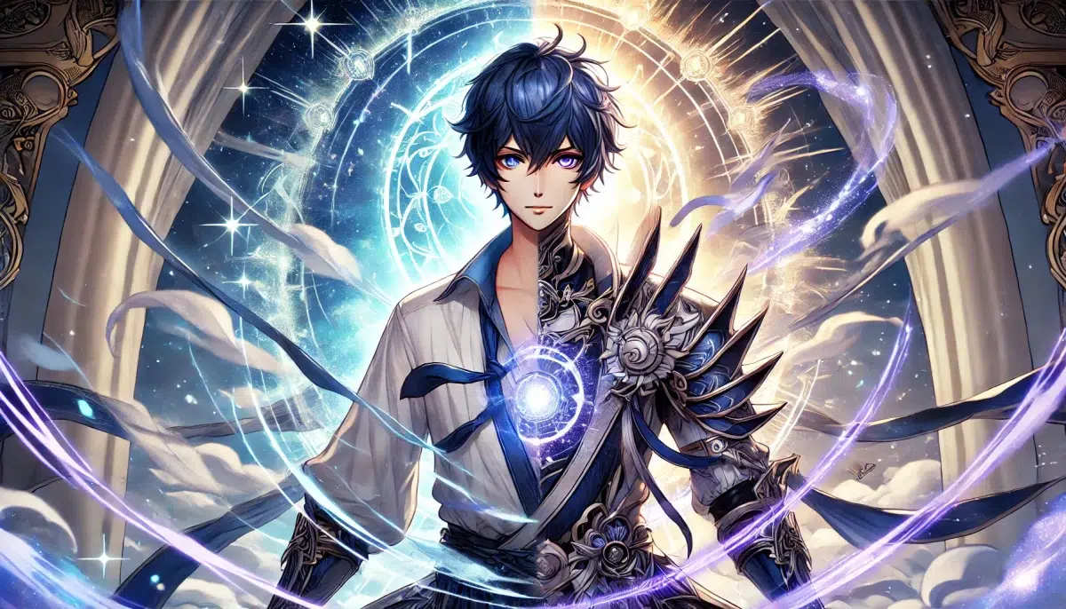 Scaramouche transforming into 'Shouki no Kami, the Prodigal' in an anime style. He has short dark blue hair, fair skin, and is surrounded by a powerful and mystical aura. As he transforms, his appearance becomes more divine and imposing, with glowing elements and elaborate armor. The background features a dramatic and celestial landscape with swirling energies and a sense of immense power. Scaramouche's expression is fierce and determined, highlighting the intensity and significance of his transformation.