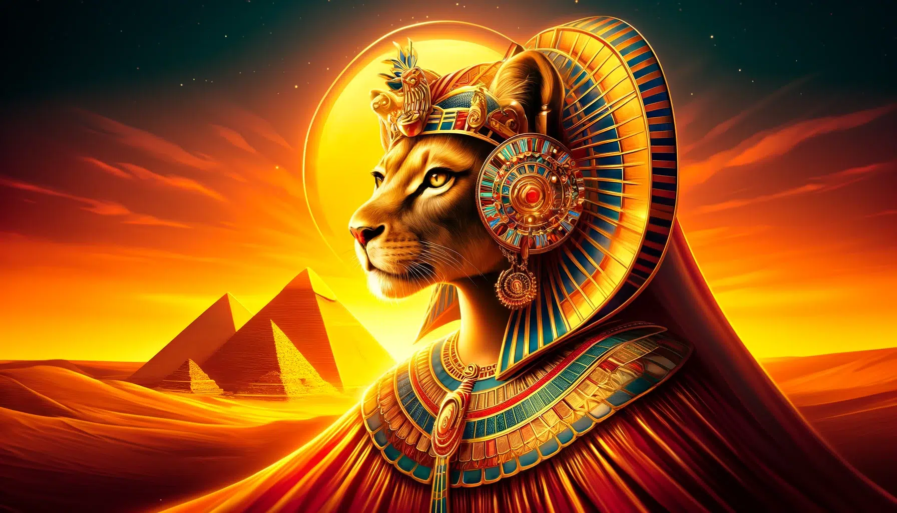 A vibrant depiction of Sekhmet from Egyptian mythology, featuring a lioness's head on a woman's body. She is elegantly portrayed with a sun disk crown atop her head, symbolizing her divine strength. Her attire is a traditional Egyptian robe, richly decorated with gold and jewels. The background is an ancient Egyptian landscape, complete with pyramids and a vivid sunset