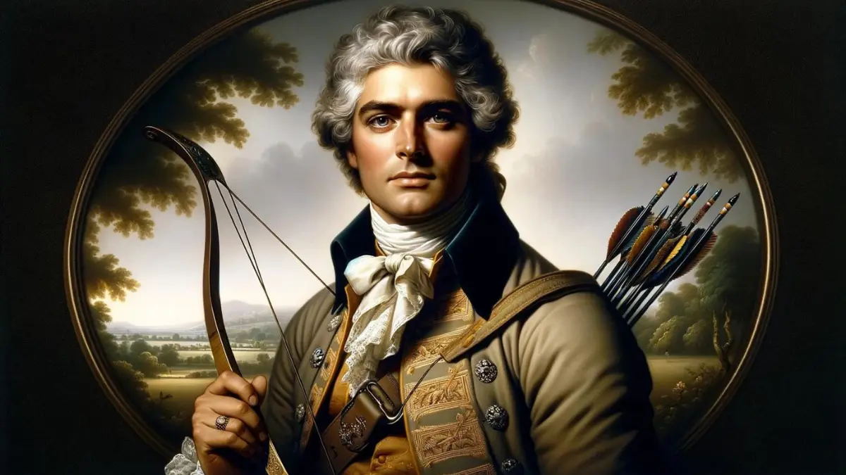 portrait of Sir Ashton Lever, depicted as a Lancashire aristocrat and sportsman of archery in the 18th century. He is a Caucasian man, wearing traditional aristocratic attire, including a waistcoat, cravat, and coat with elaborate embroidery. He holds a longbow in one hand and has a quiver of arrows slung over his shoulder. The background is a lush English countryside, reflecting his status and the era.