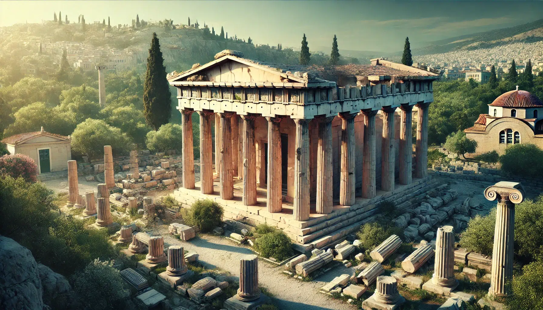 Temple of Ares in Athens, located in the northern part of the Ancient Agora. The temple is a classical Greek structure with tall, fluted columns and a triangular pediment. It is partially in ruins, with some columns broken or missing. Surrounding the temple are remnants of other ancient buildings and lush greenery. The sky is clear with bright sunlight, casting shadows on the ancient stones, creating a serene and historic atmosphere.