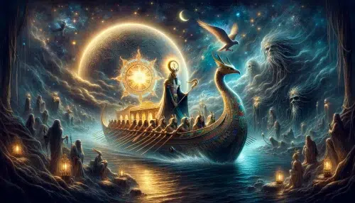 A mystical and atmospheric depiction of the sun god Ra's nightly journey through the underworld, aboard his magical sun boat. The scene captures Ra as a majestic figure with the head of a falcon, wearing a radiant sun disk crown. He navigates through a dark, mysterious underworld filled with stars and nebulous clouds, representing the night sky within the depths. The boat is elaborately decorated with ancient Egyptian symbols and glows with a soft, golden light, illuminating the path ahead. Ethereal figures of other deities and spirits appear along the river, some assisting and others watching the journey