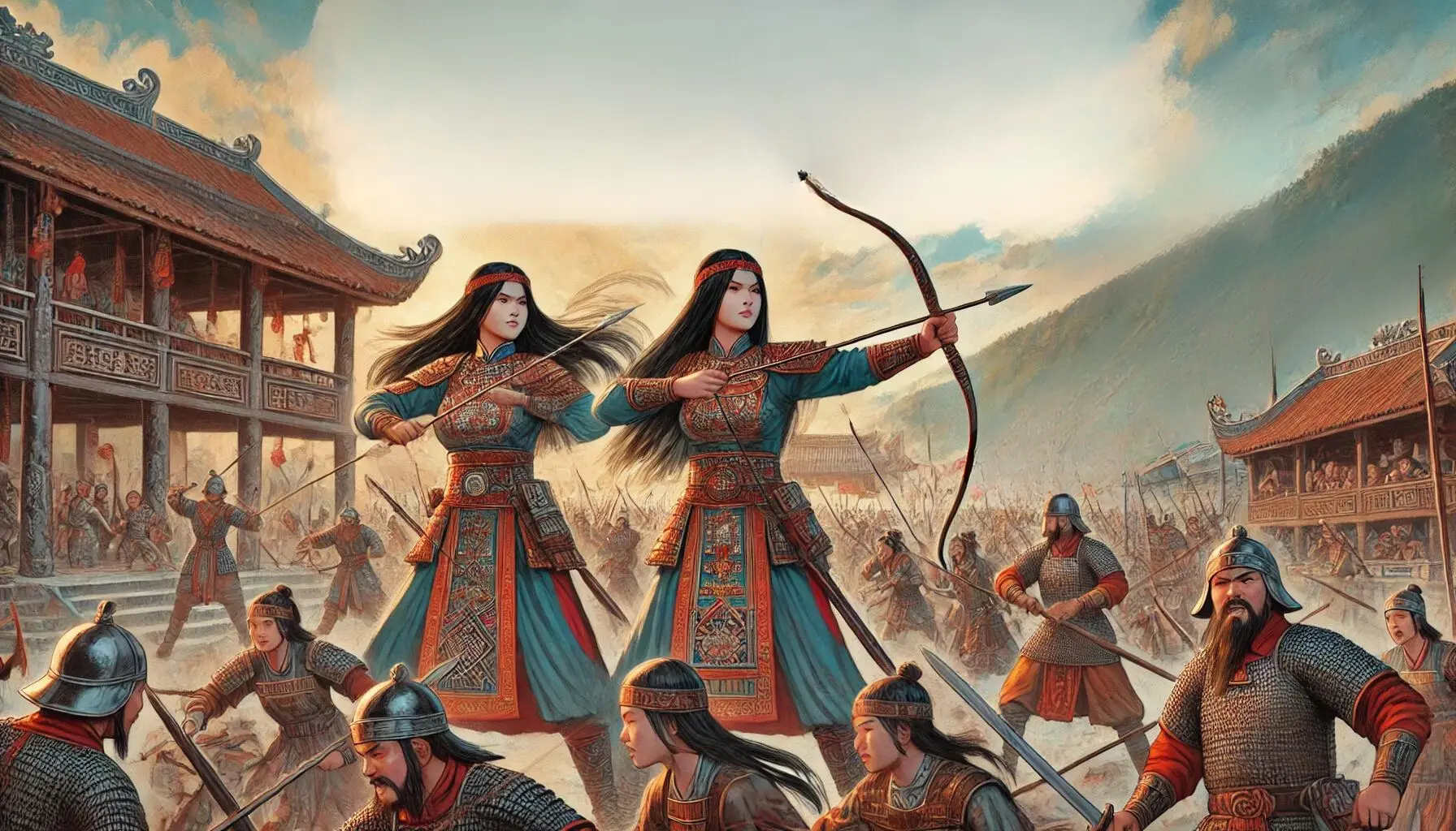 The two Trưng Sisters lead a large army of around 80,000, including 36 female generals, in Vietnam's first victories against a century-long Chinese rule. They free sixty-five Chinese-run settlements, shocking the Han emperor. The scene begins in the Red River Delta, showing the sisters and their army fighting with bows and arrows, swords, axes, and spears.