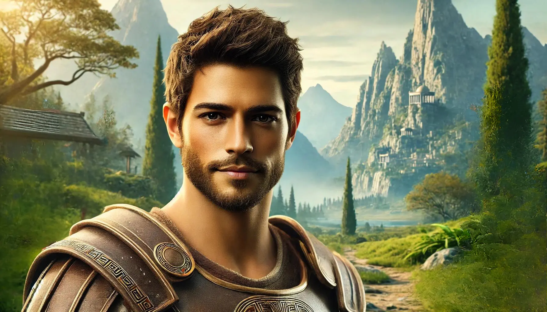 Theseus, a young and handsome Greek prince in his 20s, stands confidently outside, ready to go on a journey. He is dressed in detailed and realistic Greek armor, with a rugged and attractive face featuring stubble. The background showcases a natural landscape with towering mountains and a lush forest, symbolizing the adventurous path ahead. The atmosphere is one of anticipation and courage, highlighting Theseus's determination and readiness for his heroic journey.