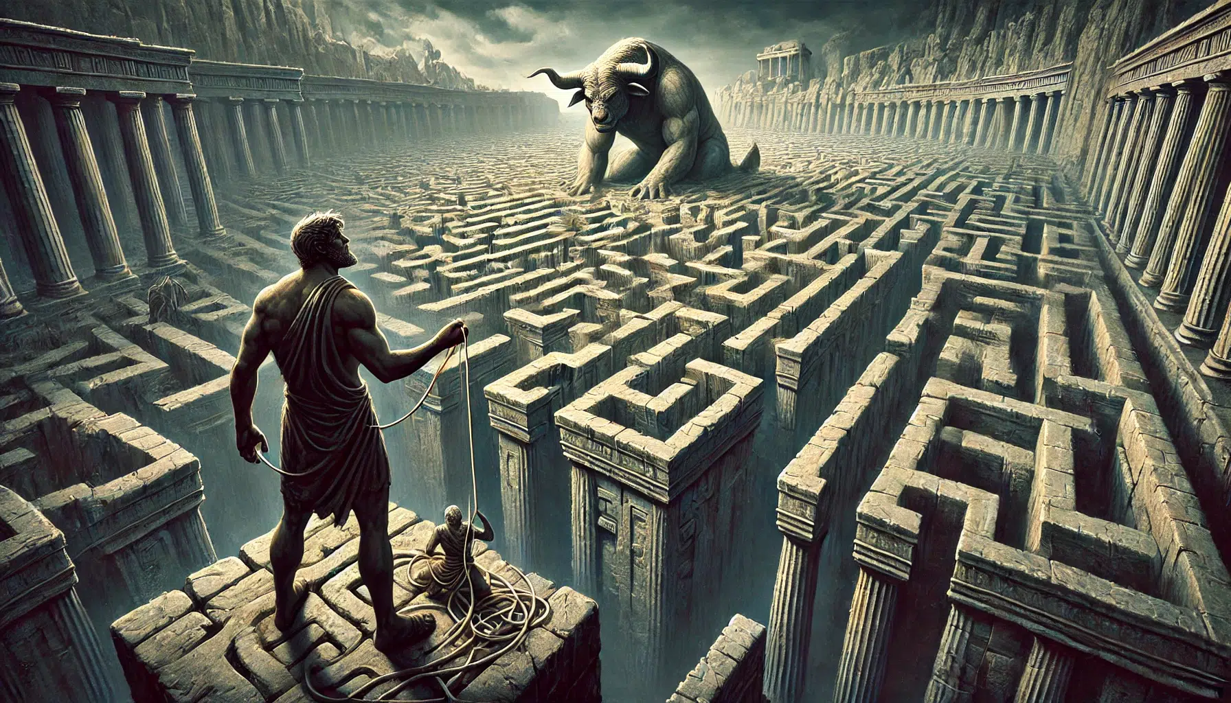 Theseus, a strong and brave Athenian hero, stands in the middle of a giant labyrinth built by Daedalus. The labyrinth is made of stone, with narrow, winding passages and an ominous atmosphere. Theseus is holding onto a magic thread to help him find his way back out. In the distance, the giant Minotaur, a half-man half-bull creature, is shown defeated on the ground. The scene is tense and dramatic, highlighting the bravery and clever thinking of Theseus. The labyrinth is intricate and vast, adding to the sense of adventure and danger.