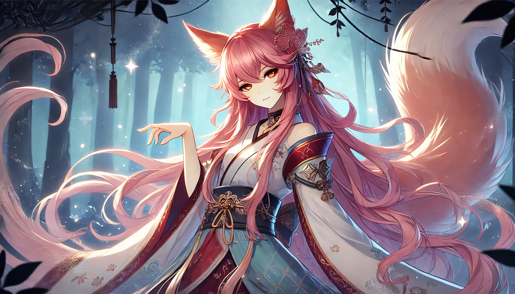 Yae, a clever and persuasive kitsune, depicted in an anime style. She has long, flowing pink hair, fox-like ears, and a sly, confident expression. She is dressed in elegant and traditional attire with intricate patterns, reflecting her cunning and mystical nature. The background is a serene and mystical forest with glowing flowers and ethereal light, enhancing her magical presence. Yae's pose is graceful and alluring, showcasing her charm and intelligence.