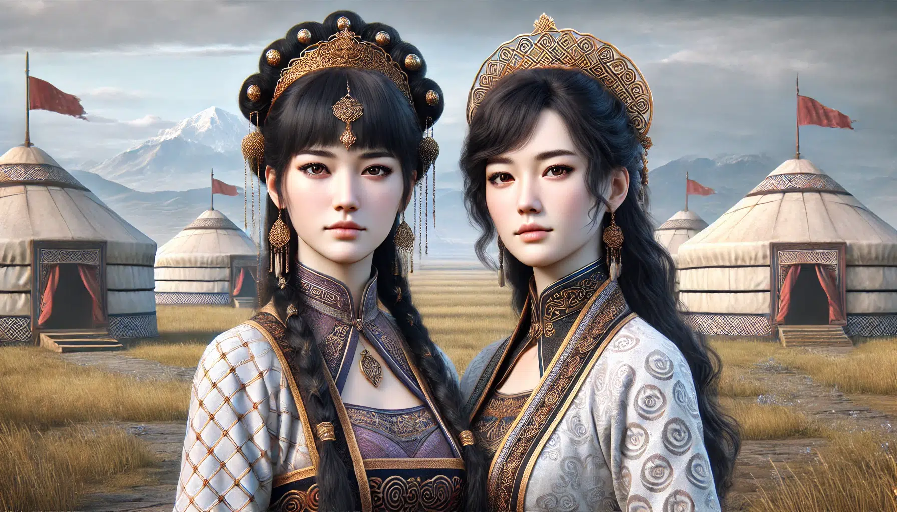 Yesugen and Yesui, sisters and princesses from the Tatar tribe. Both are shown in traditional Tatar royal attire, with intricate patterns and ornaments, reflecting their noble status. Yesugen and Yesui have dark hair and Mongolian features, and they stand together in a dignified and regal manner. The background shows the vast Mongolian steppe with yurts and distant mountains under a clear blue sky, highlighting the grandeur of their heritage.