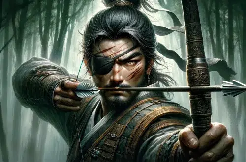 Yi Zhi Mei, the One-Eyed Archer, from the classic Chinese novel 'The Water Margin'. He is depicted as a rugged, determined warrior with an eye patch over one eye, symbolizing his famed disability. His attire is a mix of traditional Chinese warrior clothes, rugged and practical for battle. Yi Zhi Mei holds a bow with an arrow notched, ready to shoot, showcasing his exceptional archery skills. His expression is fierce and focused, highlighting his reputation as a fearsome fighter. The background features a dense, misty forest