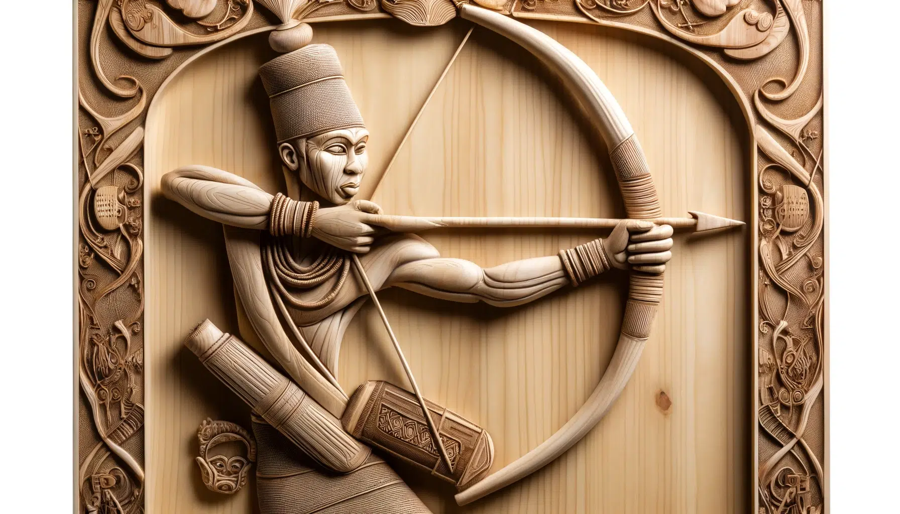 A detailed and artistic depiction of a Yoruba sculpture, showcasing a figure using a bow and arrow. The sculpture is stylized with traditional Yoruba artistic elements, featuring intricate carvings and symbolic patterns. The figure is depicted as a noble warrior, with a poised and focused expression, actively drawing a bow aimed at an unseen target. The sculpture is made of wood with a smooth, polished finish, reflecting the skilled craftsmanship of Yoruba artists. The background is simple, emphasizing the elegance and cultural significance of the sculpture in Yoruba art.