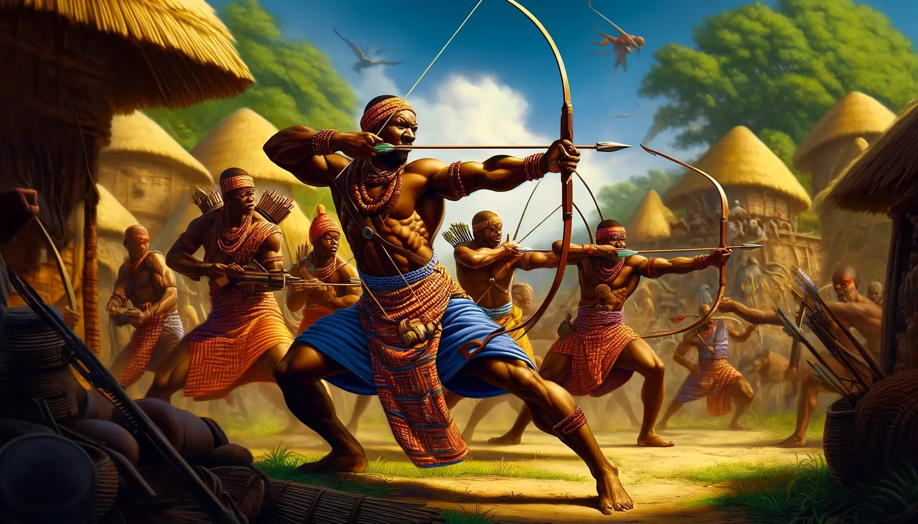 A vibrant and dynamic depiction of Yoruba warriors defending their community, illustrating the theme of protection and defense through archery. The scene shows several muscular warriors with deep skin, dressed in traditional Yoruba warrior attire, using bows and arrows. They are in various action poses, actively defending against unseen threats. The background is a lively village setting with thatched huts and lush vegetation, emphasizing the community they protect. The image captures the intensity and skill of these archers, showcasing their role in safeguarding their people and culture.