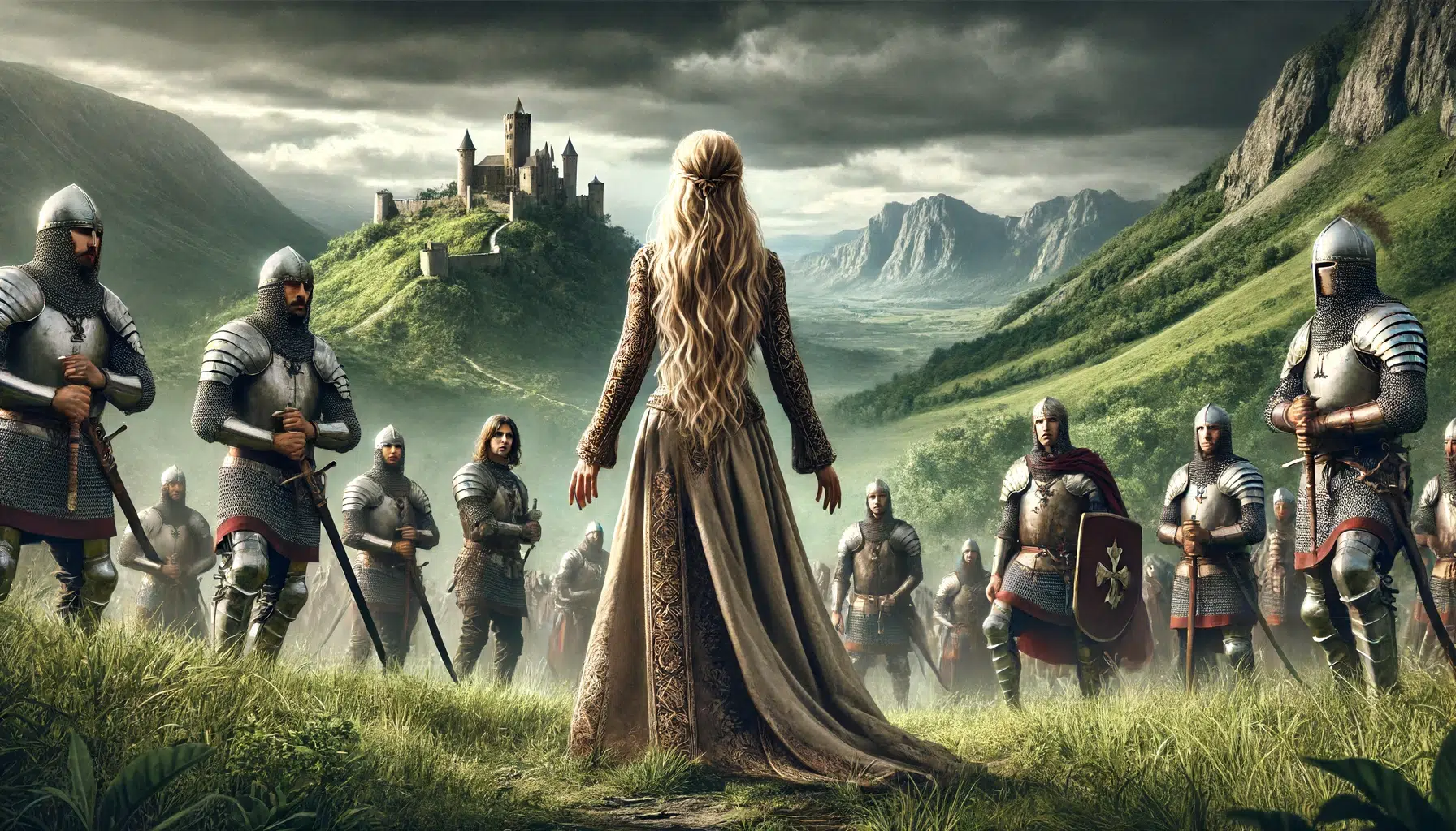 A realistic historical depiction of a powerful medieval noblewoman standing tall and proud, with long blonde hair, staring down a group of armored Holy Roman Emperors who are attempting to assert their authority over her lands. The scene is set in a lush, verdant landscape of rolling hills and towering mountains, with the noblewoman's castle visible in the distance. The sky is dark and stormy, hinting at the intensity of the power struggle taking place. The noblewoman's strength and resolve are emphasized through her commanding stance and determined expression.