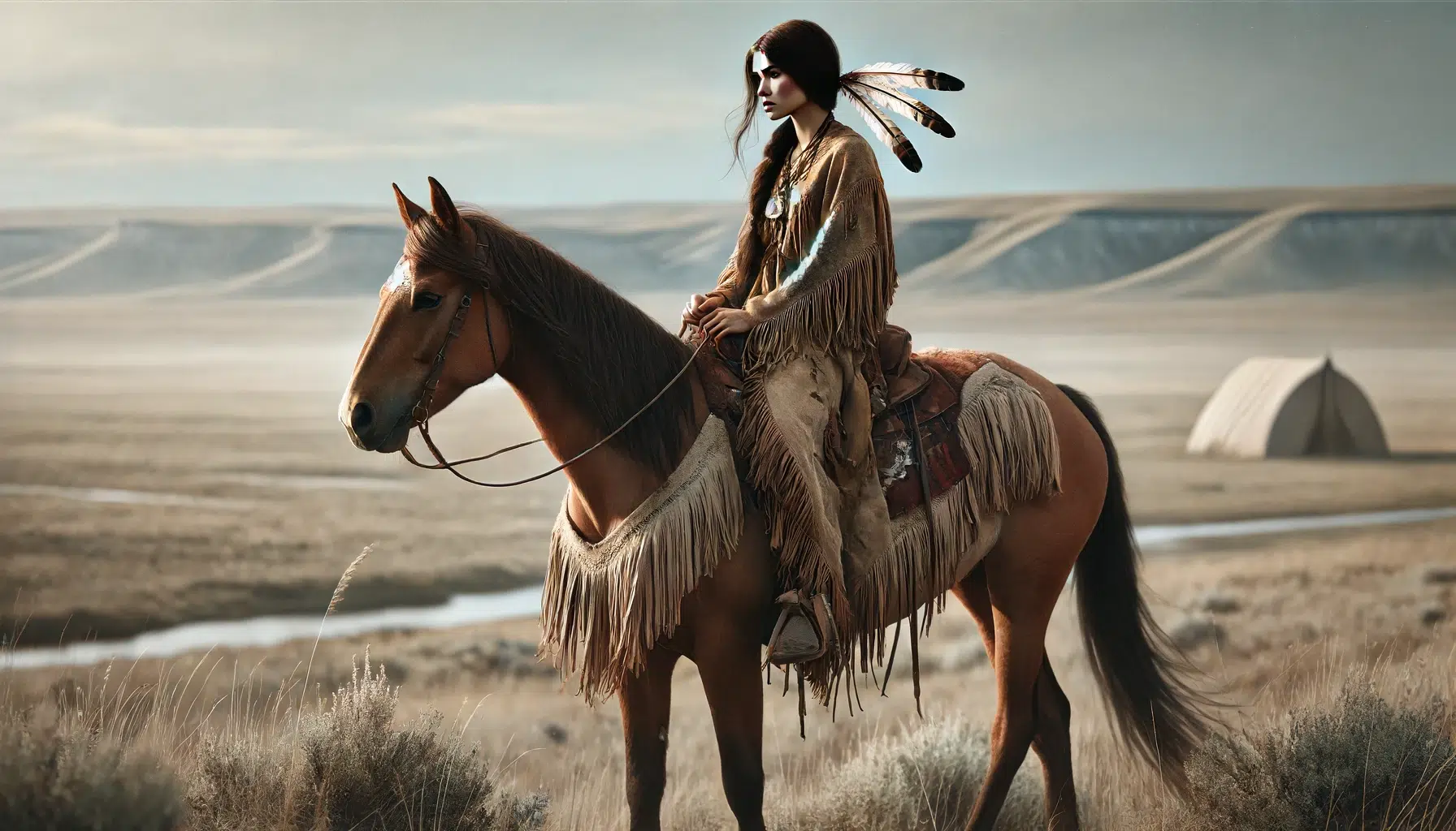 Create a realistic and historically accurate depiction of a young Indigenous woman in the late 1800s, dressed in typical Blackfoot men's warrior attire, riding her horse across the southern Alberta plains. The attire should be in muted, natural earth tones, consisting of a fringed leather tunic and leggings, both subtly adorned with traditional Blackfoot patterns. She wears a simple feathered piece, reflecting the practical and utilitarian style of a warrior. The background is a serene depiction of the plains, with less saturation to give a more natural feel.