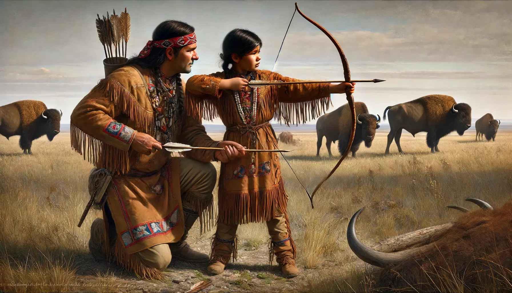 A culturally accurate depiction of a young Running Eagle, a 12-year-old Indigenous girl from the Blackfoot people, being taught buffalo hunting by her father, also a Blackfoot warrior. Both are wearing traditional Blackfoot attire appropriate for hunting, including fringed leather tunics and leggings. The scene is set in the 19th century on the plains of southern Alberta, Canada. The father is demonstrating how to use a bow and arrow, with a focused and instructive expression. The background features a wide expanse of plains with distant buffalo visible.