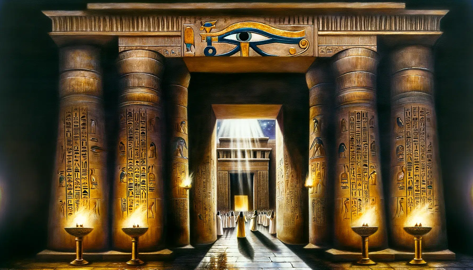 A detailed and atmospheric depiction of an ancient Egyptian temple entrance adorned with the Eye of Ra. The Eye of Ra is prominently carved above the grand entrance, symbolizing its protective power. The temple entrance is flanked by tall columns decorated with hieroglyphics and intricate carvings. Priests and worshippers are seen entering the temple, reflecting the belief that the Eye of Ra watches over and protects those inside. The background features the sacred interior of the temple, illuminated by soft, golden light from torches and candles