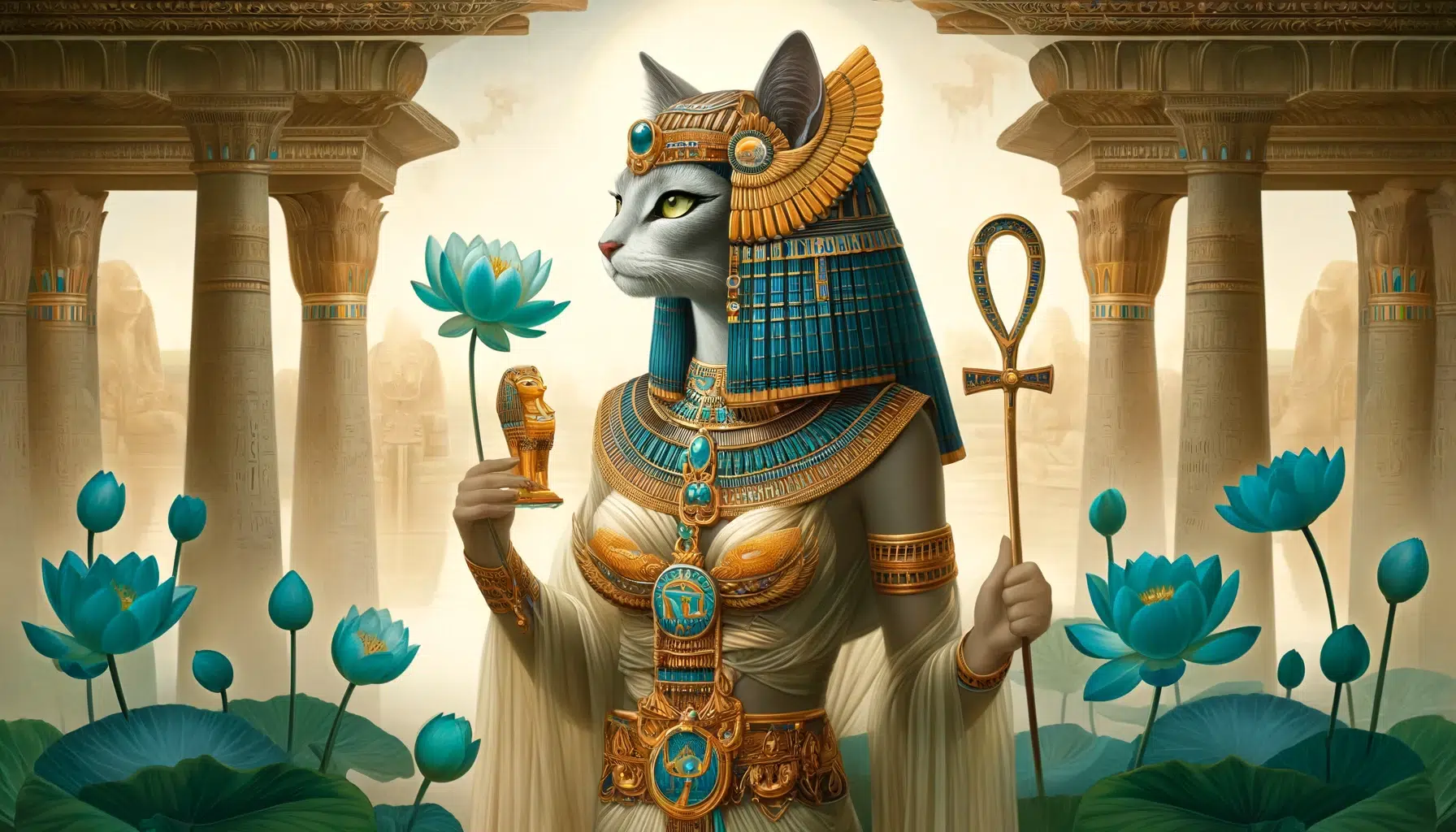 Egyptian goddess Bastet. Bastet is shown with the head of a cat and the body of a woman, wearing ornate traditional Egyptian garments adorned with gold and turquoise. She stands in a protective and graceful pose, holding an ankh in one hand and a scepter in the other. The background features a lush, serene garden with blooming lotus flowers and ancient Egyptian architecture, symbolizing her role as a goddess of home, fertility, and protection