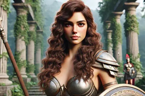Antiope as a beautiful and powerful Amazon queen. She stands confidently without a helmet, with natural, wavy brown hair and brown eyes. Her makeup is minimal, highlighting her natural beauty. Antiope is dressed in traditional Amazonian armor, emphasizing her strength and dignity. She holds a sword and a shield, exuding leadership and bravery. The background features a lush, ancient forest, emphasizing her connection to nature and her warrior spirit