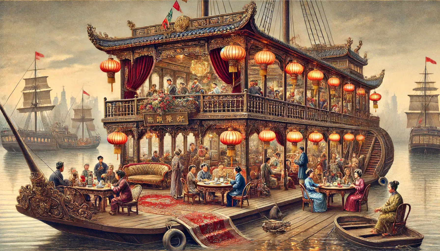In the 19th century, floating brothels in Shanghai were typically large boats or ships anchored in the city's major waterways. These brothels were elaborately decorated and furnished with luxurious amenities. The interiors featured private rooms as well as areas for socializing and entertainment. The scene shows a large, ornate boat with intricate wood carvings, red lanterns, and rich decorations. Inside, there are opulent furnishings, velvet drapes, and silk cushions. People are seen socializing, drinking tea, and enjoying entertainment such as traditional music and dance. The background includes the calm waters of Shanghai's waterways with other similar boats and the city's skyline visible in the distance.