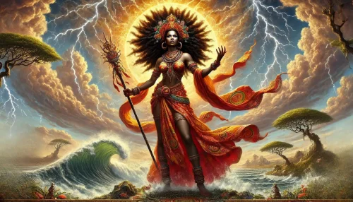 A powerful depiction of Goddess Oya, revered in African mythology, standing tall against a dramatic sky filled with storm clouds and lightning. She is adorned in vibrant traditional attire with flowing garments in rich red, orange, and gold hues. Her hair is wild and free, symbolizing her connection to the winds. In one hand, she holds a symbolic item like a sword or staff, representing her strength and authority. Surrounding her are elements of nature, such as swirling winds and stormy seas, emphasizing her dominion over change and weather.