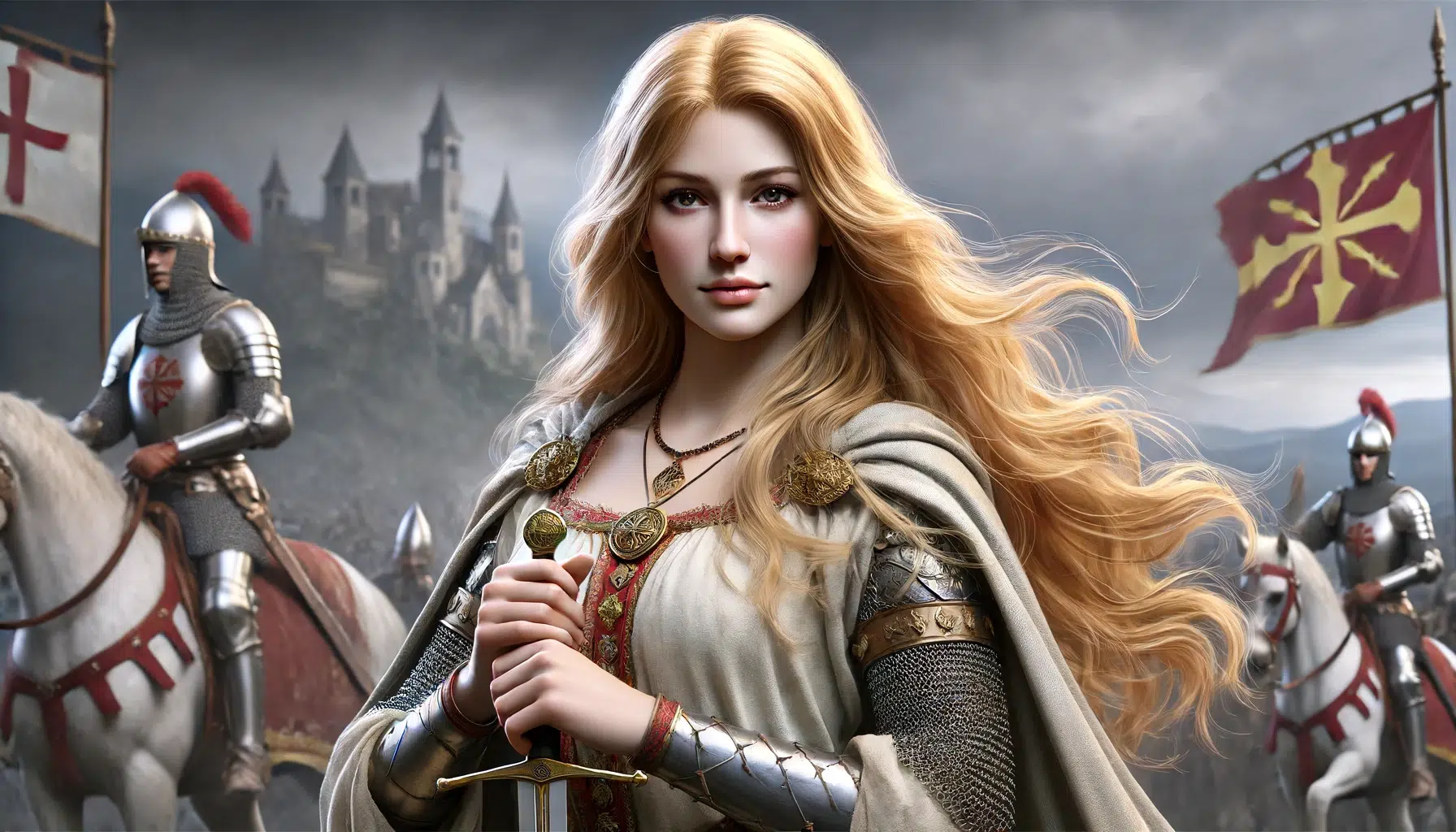 A realistic historical depiction of Matilda of Tuscany, a noblewoman from the Middle Ages. She has long, flowing blonde hair, fair skin, and a beautiful appearance. She is wearing medieval armour and has a cloak or mantle draped over her shoulders. Matilda is standing proud and tall with a sword in hand, ready to battle the Holy Roman Emperors. Her hair is flowing in the wind, and she is surrounded by a dramatic landscape with mountains and a medieval castle or fortress in the background. She holds a sword, symbolizing her military leadership and authority, and has a resolute and determined expression.