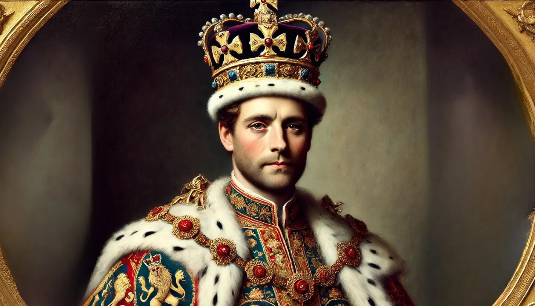 A regal painting of King Edward III standing in his royal attire. He is wearing an elaborate crown and a richly decorated cloak with intricate patterns. The background is simple, focusing entirely on King Edward III without any people or additional elements. His expression is confident and authoritative, reflecting his role as a powerful monarch. The style should be detailed and realistic, capturing the essence of a historical painting, not a photograph.