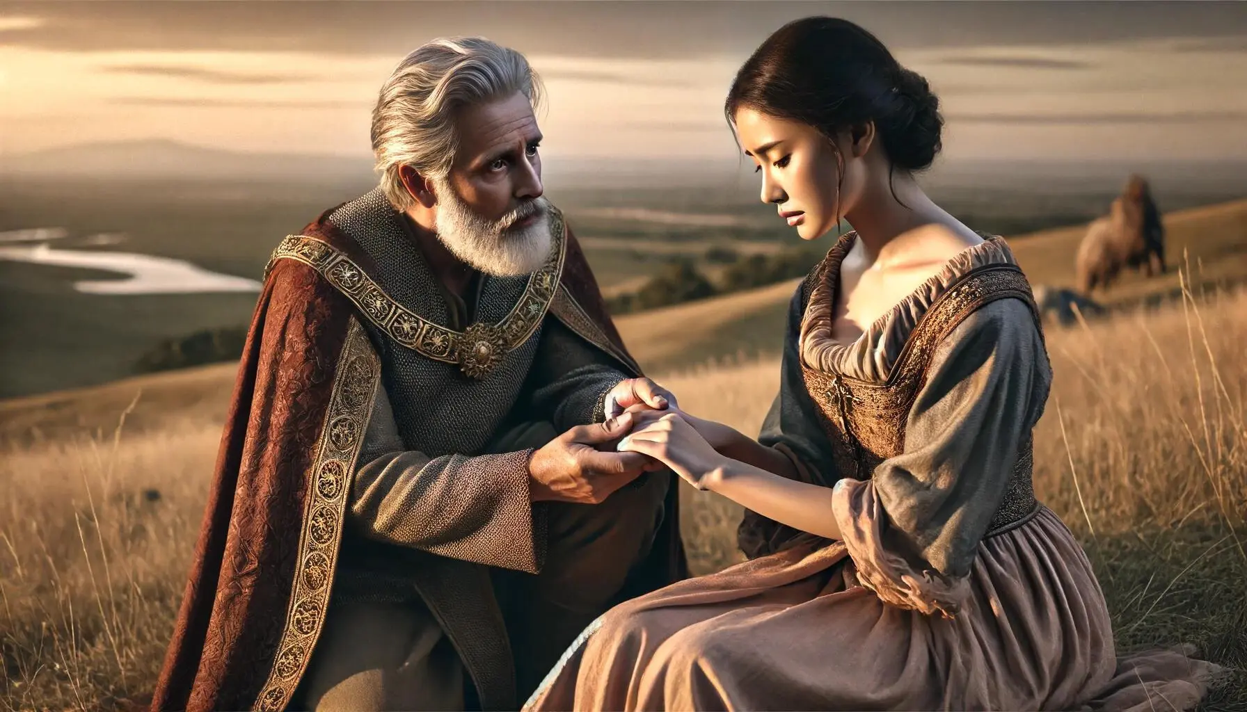an older, wise king with grey hair and a beard, kneeling beside a beautiful woman in a distressed state, offering her a helping hand. The king is dressed in regal attire but his features show age and wisdom. The woman, portrayed as a commoner, wears simple clothing, highlighting her humble status. The scene is set outdoors, with a backdrop of a serene landscape including gentle hills and a distant city. The mood is compassionate, with soft lighting enhancing the emotional depth of the encounter
