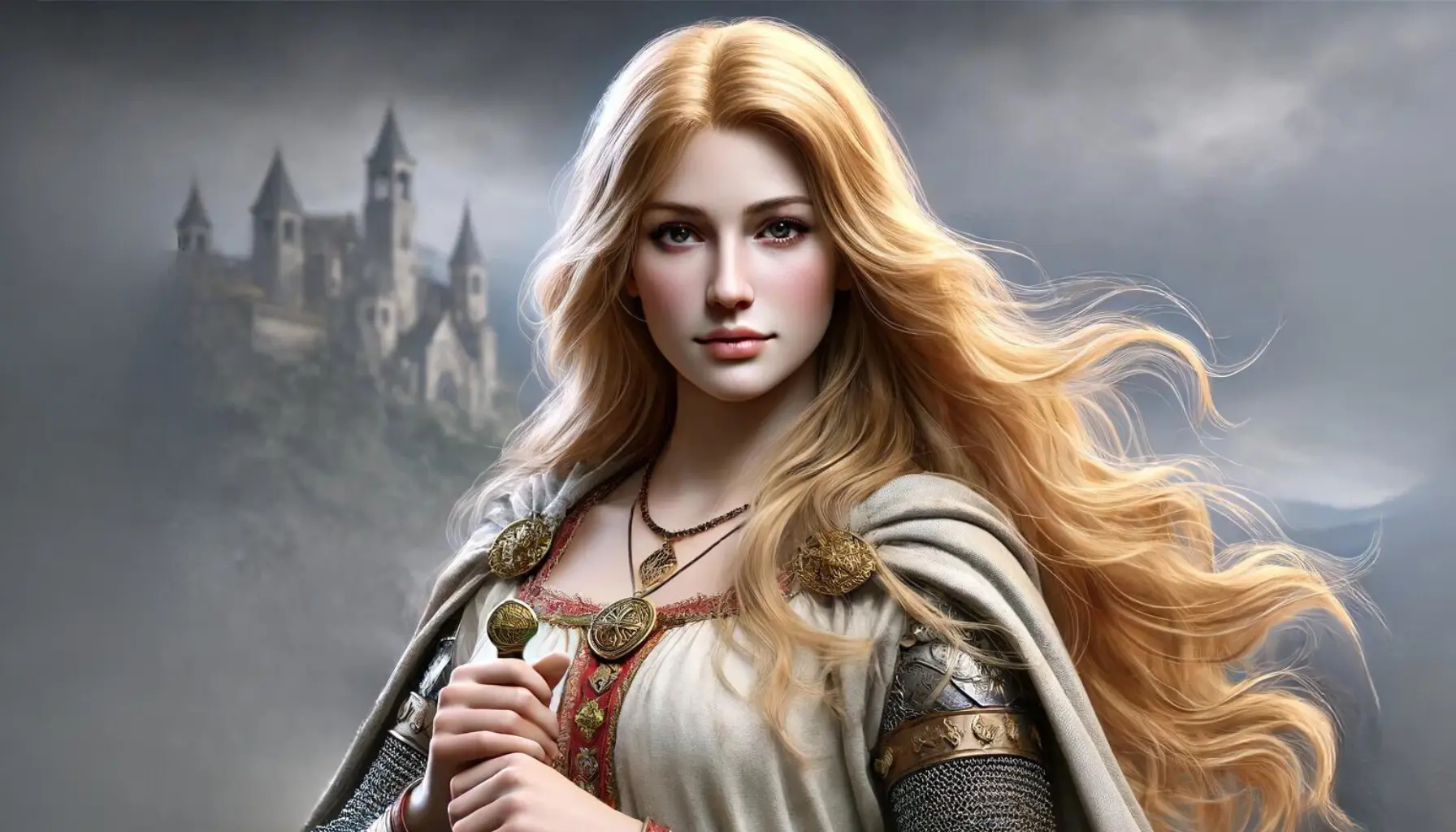 A realistic historical depiction of Matilda of Tuscany, a noblewoman from the Middle Ages. She has long, flowing blonde hair, fair skin, and a beautiful appearance. She is wearing medieval armour and has a cloak or mantle draped over her shoulders. Matilda is standing proud and tall with a sword in hand, ready to battle the Holy Roman Emperors. Her hair is flowing in the wind, and she is surrounded by a dramatic landscape with mountains and a medieval castle or fortress in the background. She holds a sword, symbolizing her military leadership and authority, and has a resolute and determined expression.
