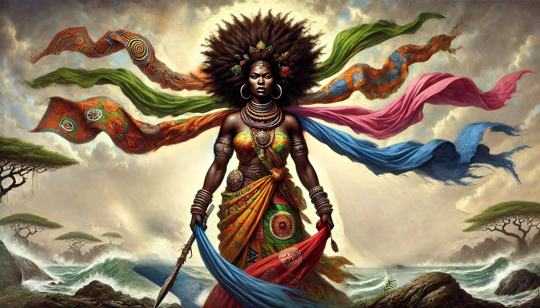 A powerful depiction of Oya, the African goddess, wearing nine different colored scarves, each symbolizing her lost children. She stands with a strong and dignified presence, fully clothed in traditional African attire, with vibrant patterns and colors. The scarves, draped gracefully around her shoulders and arms, add to her symbolic representation. Oya's wild hair flows freely, and she holds a symbolic item like a sword or machete. The background features elements of nature, such as stormy skies, swirling winds, and a flowing river, emphasizing her connection to change and nature. Her presence is majestic and poignant, embodying strength and loss.