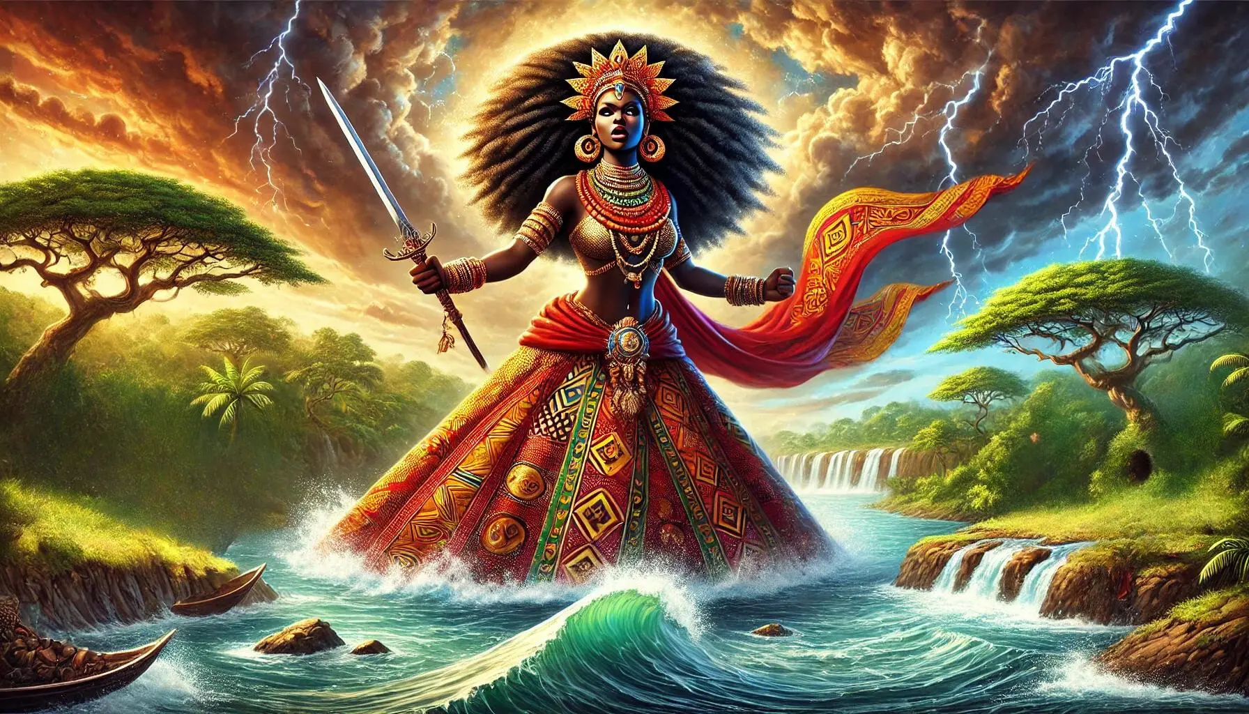 A majestic image of Oya, the African goddess tied to the Niger River, fully clothed in vibrant and regal attire with traditional African patterns in red, orange, and gold. She is depicted as a strong, beautiful black woman standing by the flowing river. Oya has wild hair and carries a sword or machete, symbolizing her warrior nature. Symbols of her might, such as lightning bolts and swirling winds, surround her. The background showcases the serene yet powerful Niger River, with lush greenery and stormy skies highlighting her dominion over nature. Her presence is majestic, embodying strength, beauty, and the power of change.