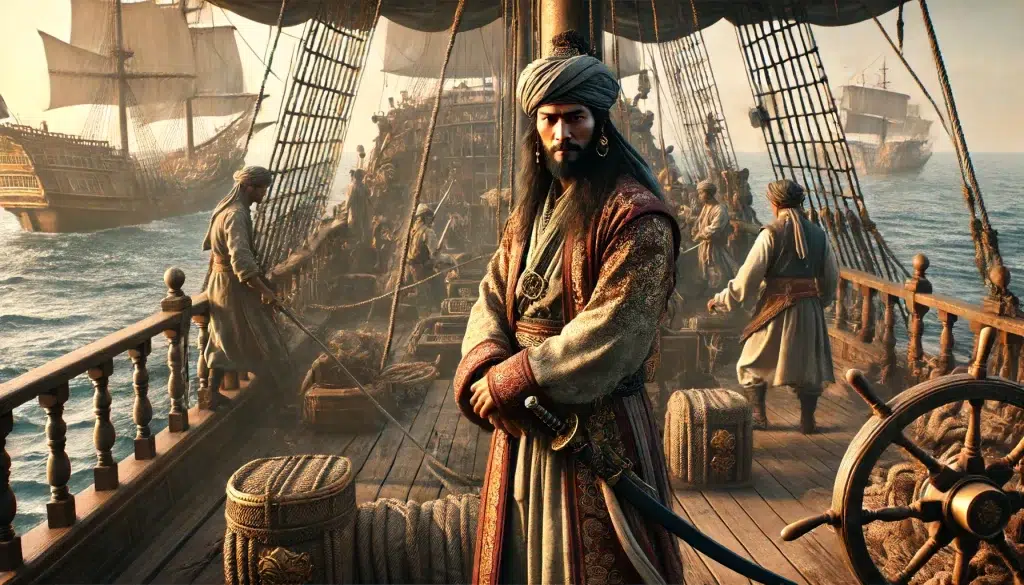 the pirate leader Cheng I in 1801. He is standing on the deck of a pirate ship in the South China Sea. Cheng I is dressed in traditional Chinese attire with pirate elements, such as an ornate robe, a headscarf, and a sword at his side. The deck is bustling with activity, with crew members preparing for a journey. The background shows the vast ocean with other pirate ships in the distance. The sky is clear, and the scene is illuminated by the warm light of the setting sun, casting a golden hue over everything.