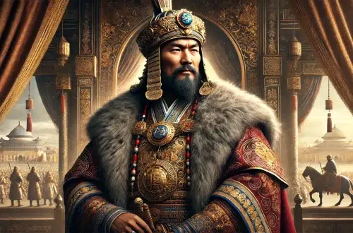 A regal and commanding portrait of Kublai Khan. He is depicted wearing traditional Mongol royal attire with intricate patterns and a fur-lined robe. His headgear is adorned with precious stones and a golden emblem. Kublai Khan stands in a majestic pose, exuding authority and wisdom. The background features elements that reflect the grandeur of his empire, such as ornate decorations, rich fabrics, and a glimpse of a vast palace. The atmosphere is powerful and majestic, capturing the essence of Kublai Khan as a formidable leader.