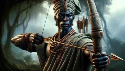 A dynamic and powerful depiction of Ogun, the Yoruba god of war and hunting, standing in a rugged landscape. He is a formidable figure with dark skin, dressed in traditional Yoruba warrior garb. Ogun holds and arrow and bow with more arrows on his back, symbolizing his role as a protector and warrior. His expression is fierce and determined, embodying the spirit of battle and defense. The background features a stormy sky and rocky terrain, enhancing the dramatic effect and emphasizing his strength and resilience.