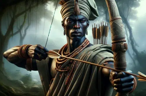 A dynamic and powerful depiction of Ogun, the Yoruba god of war and hunting, standing in a rugged landscape. He is a formidable figure with dark skin, dressed in traditional Yoruba warrior garb. Ogun holds and arrow and bow with more arrows on his back, symbolizing his role as a protector and warrior. His expression is fierce and determined, embodying the spirit of battle and defense. The background features a stormy sky and rocky terrain, enhancing the dramatic effect and emphasizing his strength and resilience.