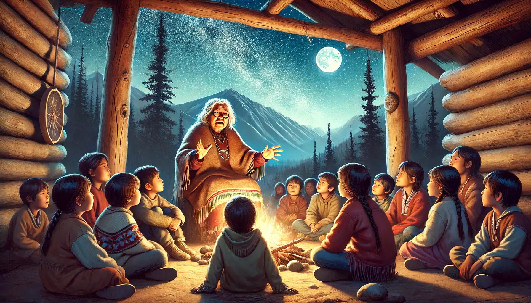 A heartwarming scene of an older Indigenous woman sharing stories with a group of attentive Indigenous children. The setting is either inside a traditional lodge or outside under the stars, with the majestic mountains of southern Alberta in the background. The woman, with a wise and gentle expression, is seated and gesturing animatedly as she tells her tales. The children, a mix of ages and genders, listen with rapt attention. The night sky above them is clear and star-filled, adding a magical and serene atmosphere to the storytelling session.
