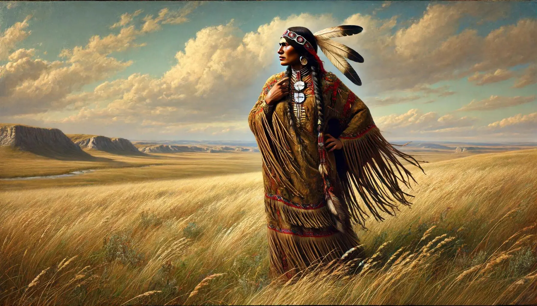 A historical representation of Pitamakan, known as 'Running Eagle,' a prominent figure from the early 19th century Blackfoot people. The scene is set in the vast plains typical of the Blackfoot tribal lands, under a wide, clear sky. Pitamakan, a Native American woman, is depicted in traditional Blackfoot attire, which includes a fringed leather dress, beadwork, and a feathered headdress. She stands with a commanding pose, looking towards the horizon, her expression one of determination and leadership. The background features rolling grasslands and distant mountains.