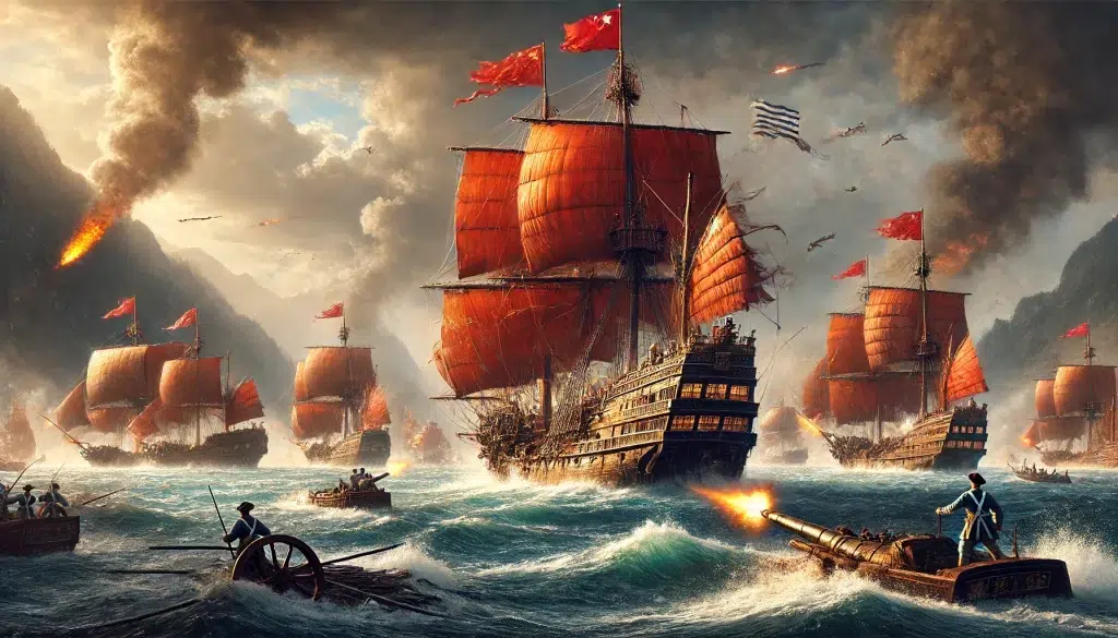 depiction of the Battle of the Tiger's Mouth (1809-1810) in the Pearl River Delta. The scene captures the intense sea conflict between the Portuguese forces, led by José Pinto e Sousa, and Ching Shih's Red Flag Fleet. The battle takes place on turbulent waters with Chinese junk ships of the Red Flag Fleet, distinguished by their red sails, engaging in combat with Portuguese ships. Cannons are firing, and the ships show signs of damage from the fierce fight. Ching Shih's ship stands prominently, with her commanding presence visible on the deck, orchestrating the battle. The sky is filled with smoke and the chaos of battle, reflecting the intensity and significance of this major sea conflict.