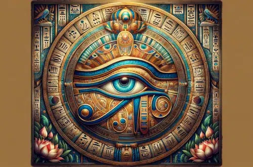 A detailed and iconic depiction of the Eye of Ra, a famous symbol from ancient Egyptian mythology. The Eye of Ra is illustrated with intricate patterns and vibrant colors, prominently featuring gold and blue hues. The eye is surrounded by traditional Egyptian motifs, such as hieroglyphics and lotus flowers, enhancing its mystical and historical significance. The background is a textured papyrus-like surface, reflecting the ancient origins of the symbol
