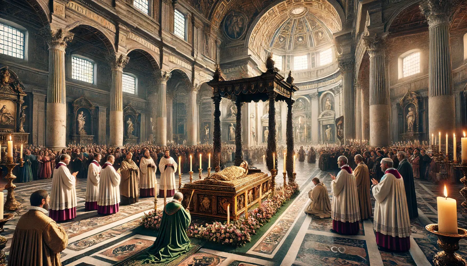A realistic historical depiction of the burial of Matilda of Tuscany in Saint Peter's Basilica. The setting is the interior of the grand basilica, with its majestic architecture, columns, and ornate decorations. Matilda's tomb is prominent, adorned with intricate carvings and surrounded by candles and flowers. Clergy and nobility are present, paying their respects, signifying her influence and recognition as a true leader of her time. The atmosphere is solemn and reverent, highlighting the importance of the site. In the background, elements of the UNESCO site in Siena are subtly integrated, emphasizing her lasting legacy in Italy's culture.