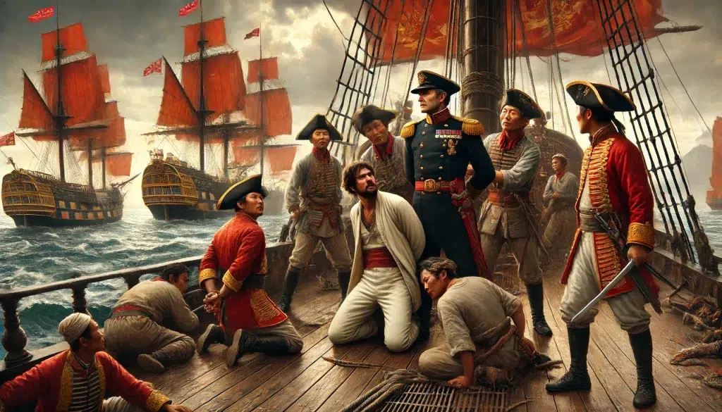 depiction of the capture and imprisonment of Richard Glasspoole by Ching Shih’s Red Flag Fleet in 1809. The scene shows Richard Glasspoole, an officer of the East India Company, being captured by pirates on a Chinese junk ship with distinctive red sails. Glasspoole, dressed in British naval attire, is shown being restrained by Chinese pirates. Ching Shih, the formidable pirate leader, stands authoritatively on the deck, overseeing the capture. The background includes the vast ocean and other ships of the Red Flag Fleet. The sky is overcast, reflecting the tense and grim atmosphere of the event.